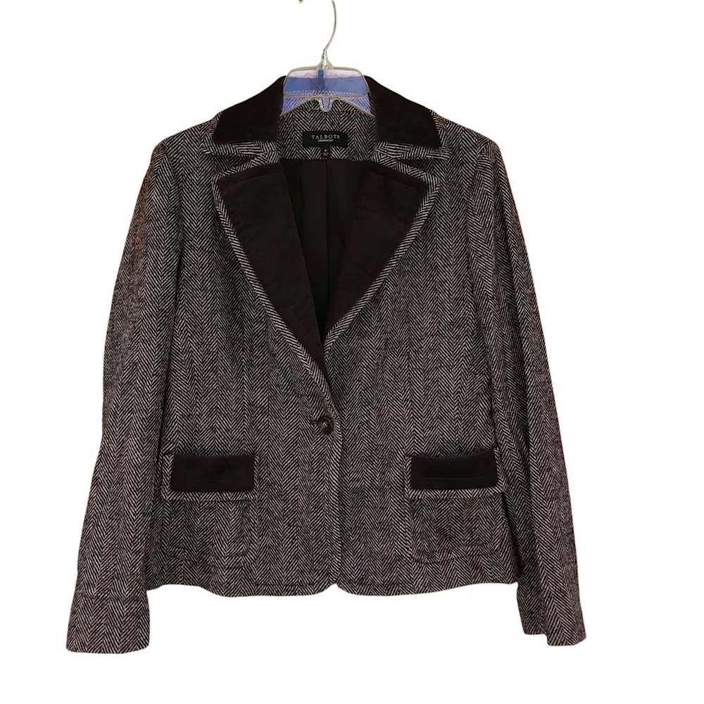 Talbots Wool Blend Brown Beige Tweed & Velvet Trim 1 Button Blazer Jacket 10